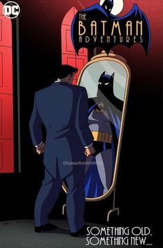 the batman adventures movie poster is shown in front of a man looking into a mirror