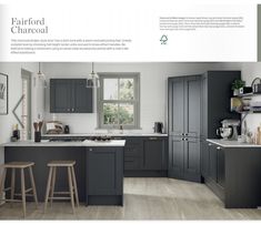 the interior of a kitchen with gray cabinets and counter tops, along with bar stools