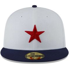 a white and blue baseball cap with a red star on the front, sitting on a white surface