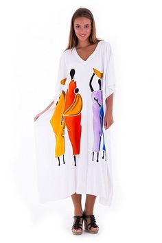 Enjoy your style even more. This long kaftan dress is great to wear out and make a statement of your own style. Comfortable and lightweight, this tribal dress is perfect for lunch dates, beach vacations, and parties. Feel comfortable and fashionable. length 49.5” width is 41” Hand-painted Tribal Design Made from 100% soft rayon Hand wash in cold water, hang to dry White Printed V-neck Kaftan, White Free Size Maxi Dress For Beach Cover-up, Oversized V-neck Maxi Dress For Vacation, White Oversized Printed Dress, Multicolor Relaxed Fit Maxi Dress For Summer, White Printed Bohemian Beach Dress, White Tunic For Beach, White Kaftan For Beach Season Vacation, Relaxed Fit Tunic For Vacation