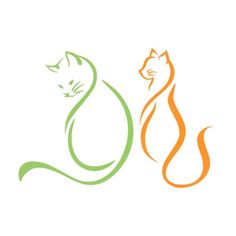 two cats sitting next to each other on top of a white background with green and orange lines