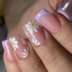 Summer Flowers False Nail Medium Square French Press on Nails for Nail Art 24pcs | eBay Flower Nail Designs, Her Nails, Stick On Nails, Cute Nail Designs