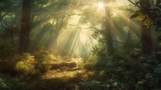 sunlight shining through the trees in a forest