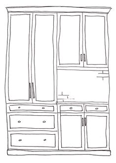 a black and white drawing of an armoire with drawers on one side and cupboards on the other