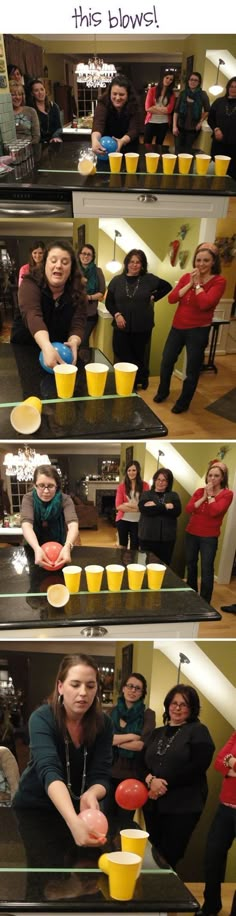 three pictures of people standing in front of some cups