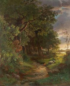 a painting of a wooded path with sheep in the distance