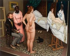 Mark Lang's, Collaborative Fiction  oil on canvas 48”x 60”  2008    On Edouard Manet – Olympia Painter Fashion, Artists And Models, Art Parody, Three Graces, Artist Models, Gustav Klimt, Figure Painting, Figurative Art