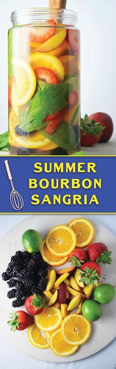 there is a jar full of fruit and vegetables on the table with text overlay that reads summer bourbon sangria