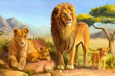 two lions and three cubs are standing in the grass near rocks, trees, and mountains