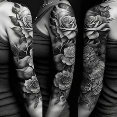 black and white photo of woman's arms with roses on them, both sleeve tattoos