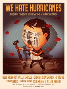 the poster for we hate hurricaness shows a man holding a hammer and an egg