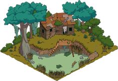 a house in the woods with trees and other things on it's land, including a pond