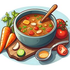 a bowl of soup with carrots, tomatoes and celery