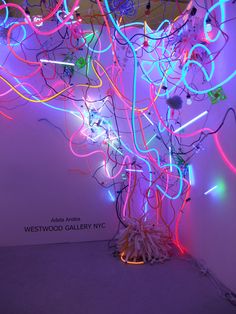 a bunch of neon colored wires hanging from the ceiling in front of a white wall