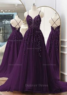 A Line V Neck Spaghetti Straps Sweep Train Tulle Prom Dress Outfits For Women With Appliqued Beading Dark Purple Tulle Dress, Dark Purple A Line Prom Dress, Dark Purole Prom Dress, Royal Purple Prom Dress, Purple V-neck Prom Gown, Purple V-neck Wedding Gown, Wedding Dresses Near Me, Navy Prom Dresses, Sweep Train Prom Dress