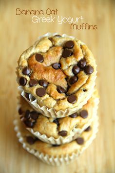 three chocolate chip muffins stacked on top of each other