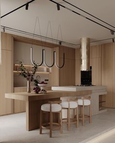 a modern kitchen with wooden cabinets and white stools next to an island in the middle