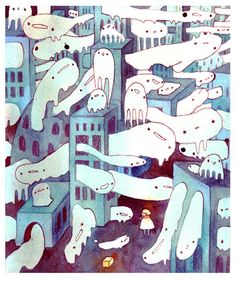 an image of people in the middle of a city with many white dogs on it