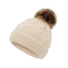 a white hat with a brown fur pom