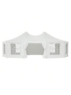 a white tent with curtains and windows on the side, in front of a white background