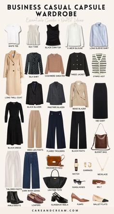 30+ Business Casual Capsule Wardrobe Essentials + Outfit Ideas Business Casual Capsule Wardrobe, Business Casual Capsule, Casual Capsule Wardrobe, Workwear Capsule Wardrobe, Workwear Capsule, Casual Work Outfits Women, Chic Business Casual, Capsule Wardrobe Work