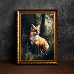 a painting of a fox sitting in the woods