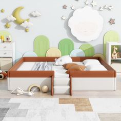 a child's room with a bed, dresser and toys