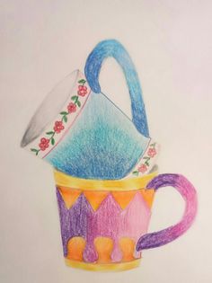 a drawing of a teapot with flowers on the top and a cup in the middle