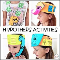 four pictures of children wearing hats with the words h brothers activities written on each one