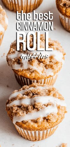 the best cinnamon roll muffins with white icing and crumbs on top