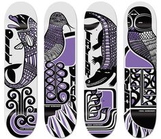 three snowboards with different designs on them, one is purple and the other is white