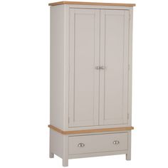 an armoire with two drawers in white and oak