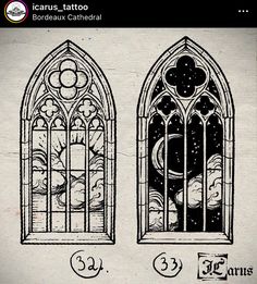 two stained glass windows are shown in black and white, with numbers below the window