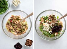 two pictures showing the process of making a salad with chopped vegetables and meats in separate bowls