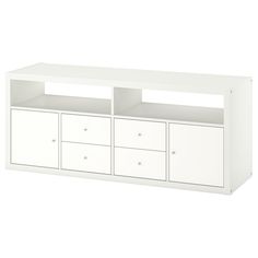 a white entertainment center with drawers and cupboards on the bottom, in front of a white background