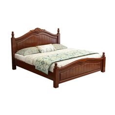 a bed with wooden headboard and foot board, made in the style of an old fashioned