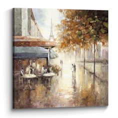 an oil painting on canvas of people walking in the rain near the eiffel tower