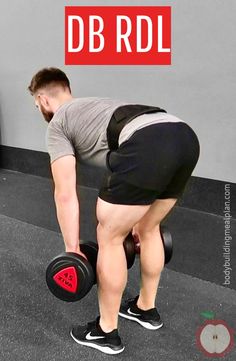 a man squats with two dumbbells in front of him and the words d b rdl above it