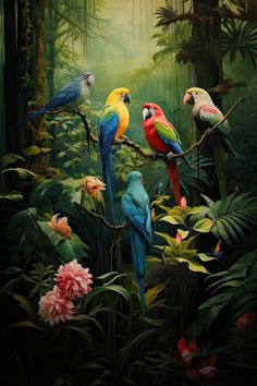 several colorful birds perched on branches in the jungle