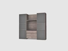 an open bookcase with several compartments and doors on the front, in grey wood