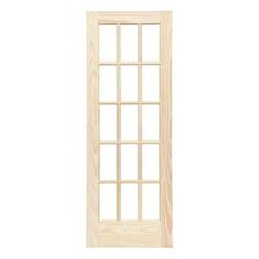 an unfinished wooden door with glass panels on the front and side panel, in white