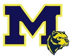 the michigan wolverines logo is shown in blue and yellow with a lion head on it