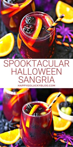 two glasses filled with halloween punch and garnished with orange slices