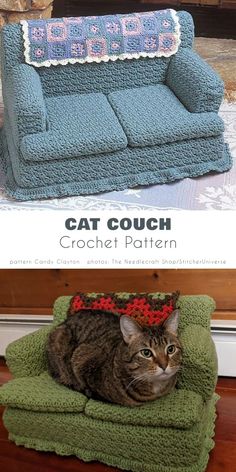 a cat laying on top of a green couch next to a rug with the words cat couch crochet pattern