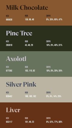 the color scheme for milk chocolate, pine tree, axolod and silver pink