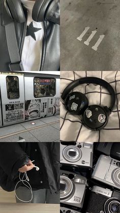 the collage shows several different types of headphones and other things in front of them