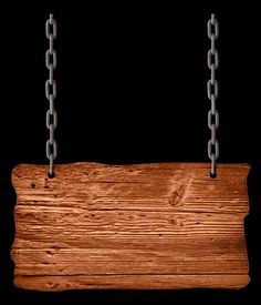 a wooden sign hanging from a chain on a black background with room for text or image