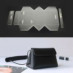 three pieces of clear plastic sitting on top of a white table next to a black purse