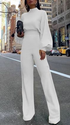 women dress in white color. instagram - https://www.instagram.com/couture_8949/ #womendress #dress #womenclothing #couture #womendresses Women Overalls, Collar Jumpsuit, Jumpsuit For Women, Bachelorette Outfits, Woman Suit Fashion, Casual Styles, Bishop Sleeve, Looks Chic, Overalls Women