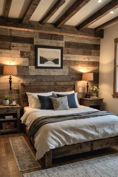 a bedroom with wood paneled walls and white bedding, two lamps on either side of the bed